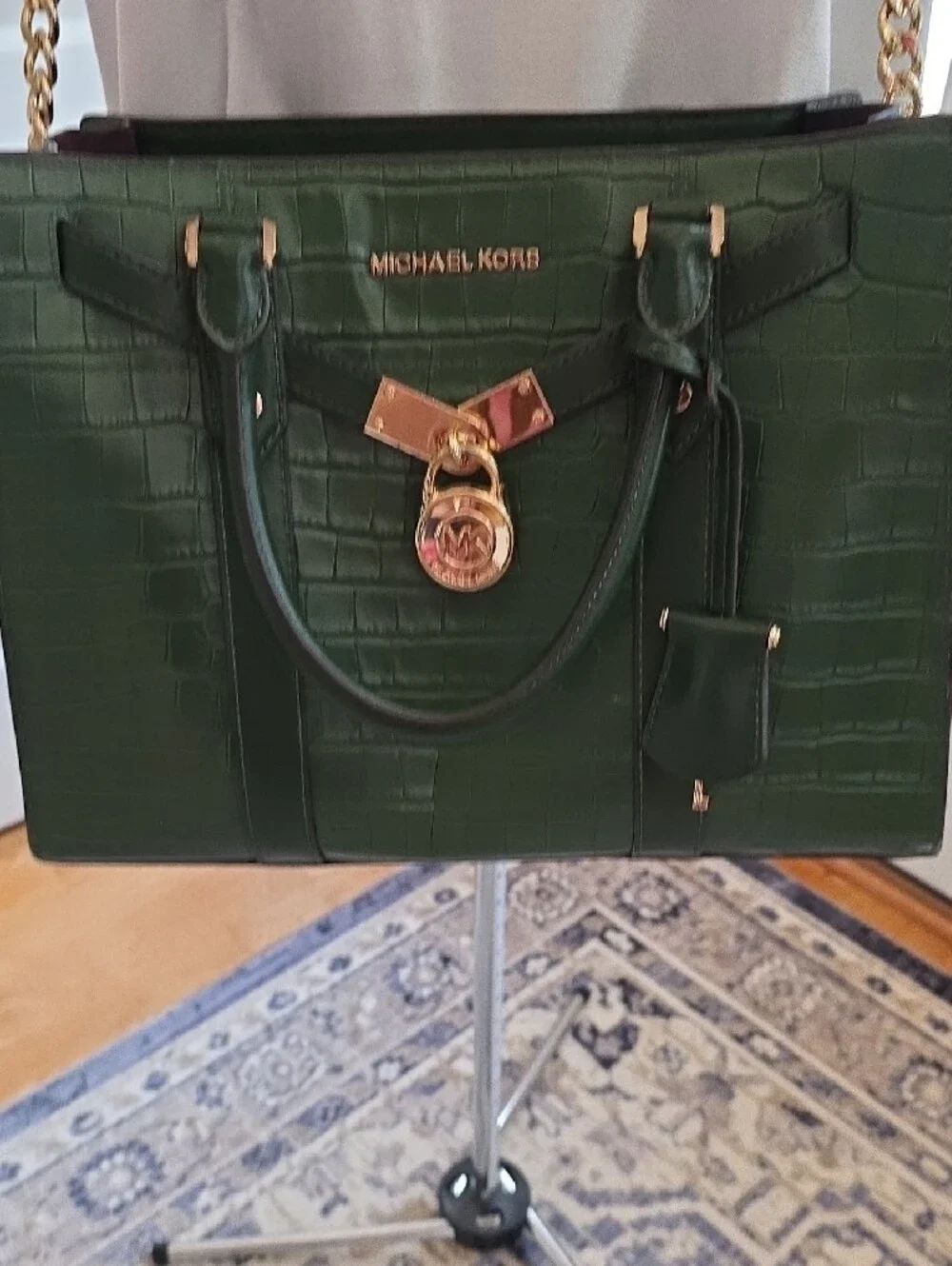 Michael Kors Nouveau Hamilton Dark Green Croc-Embossed Leather Satchel